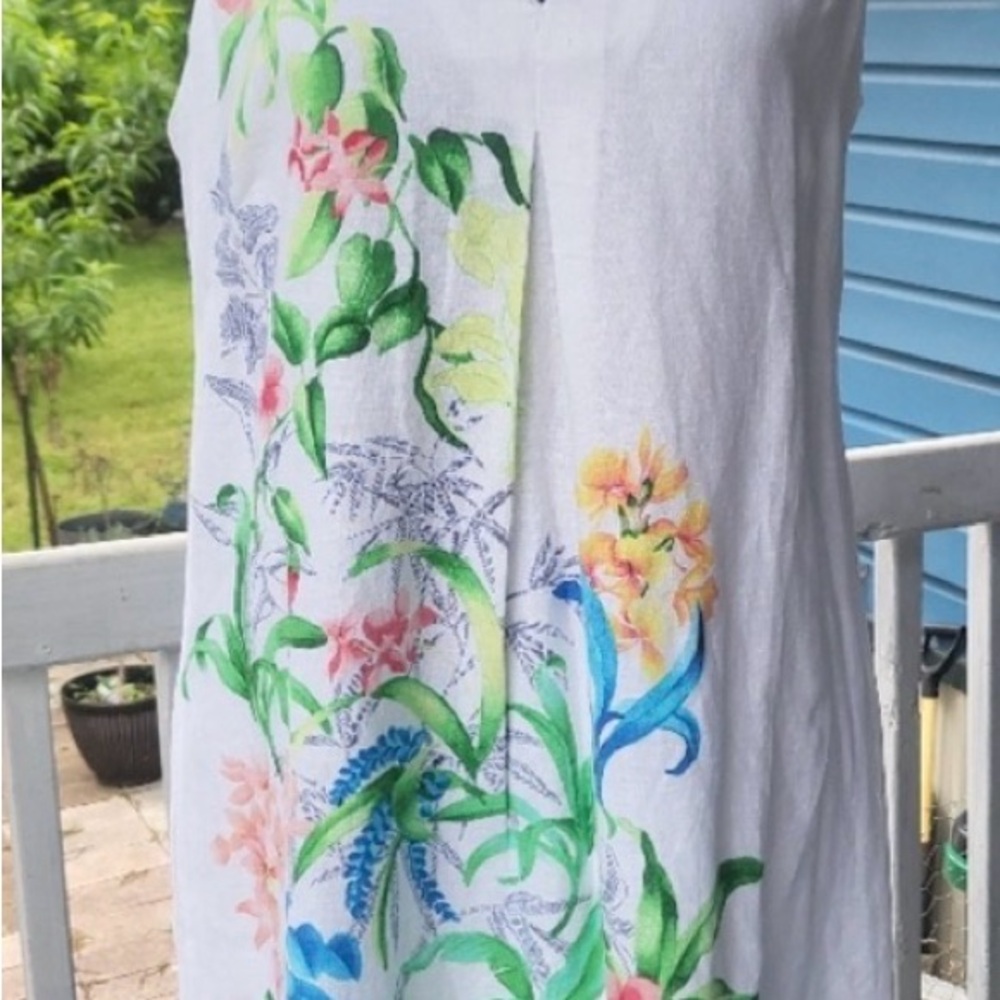 100% Linen Tommy Bahama White Asymmetrical Floral Dress with Multicolor Print